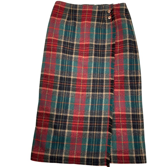Talbots Dresses & Skirts - Talbots Skirt Womens 14 Red Green Plaid Wrap Button Fringe Preppy‎ Straight Wool